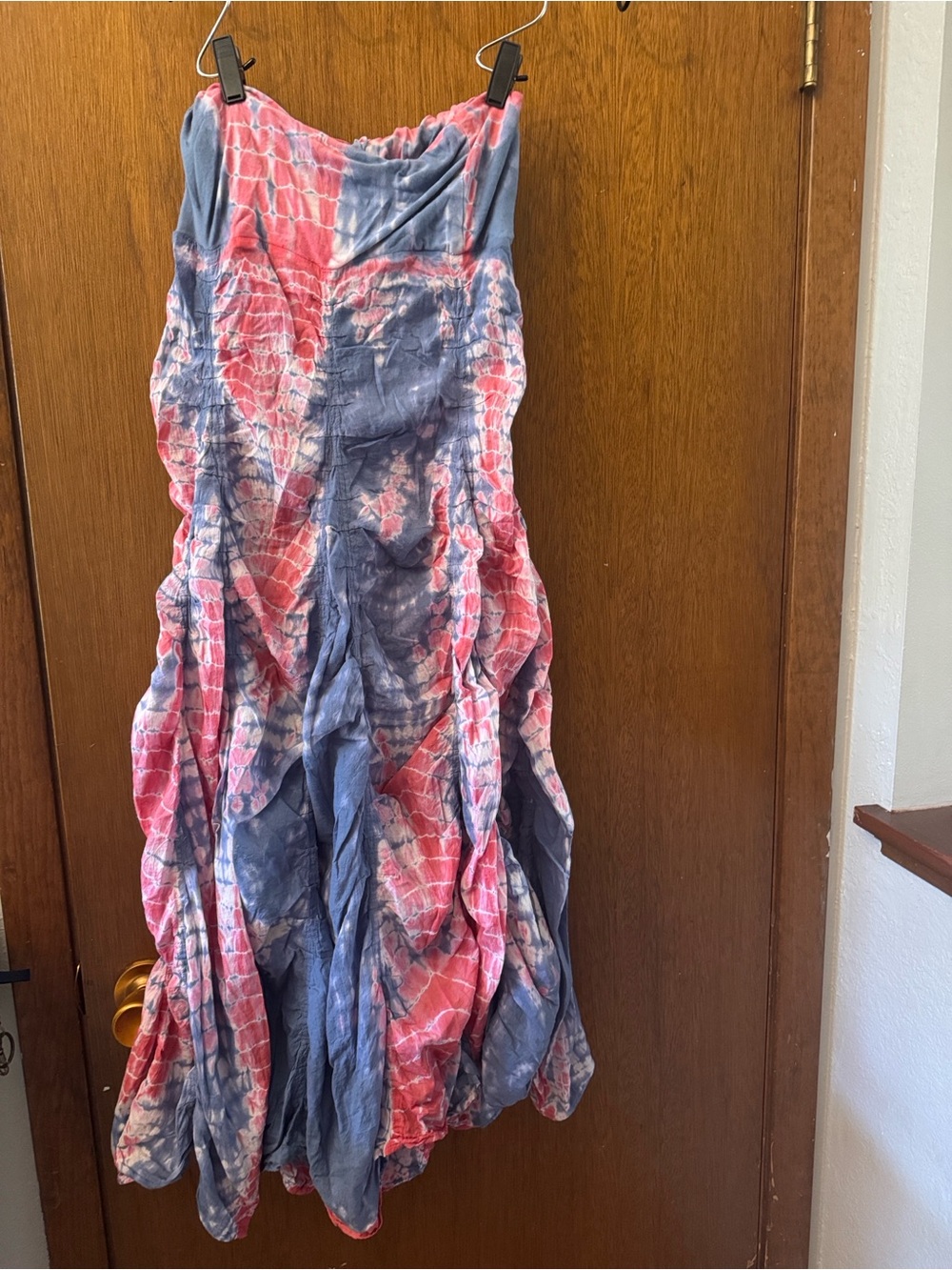Strapless Tie-Dye Midi Dress in Pink and Blue